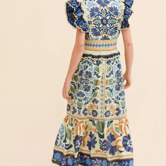 Anthropologie Farm Rio Ocean Tapestry Maxi Smocked Green Blue Lace Midi Dress - Picture 3 of 11